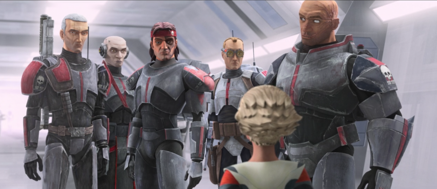 Here we see all of the members of the Bad Batch in a cloning facility on Kamino. Featured from left to right are Crosshair, Echo, Hunter, Echo, Omega, and Wrecker.