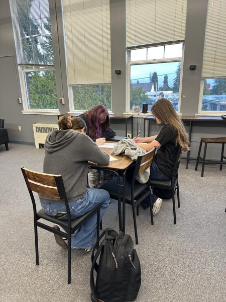 A group of students working quietly in the student lounge.